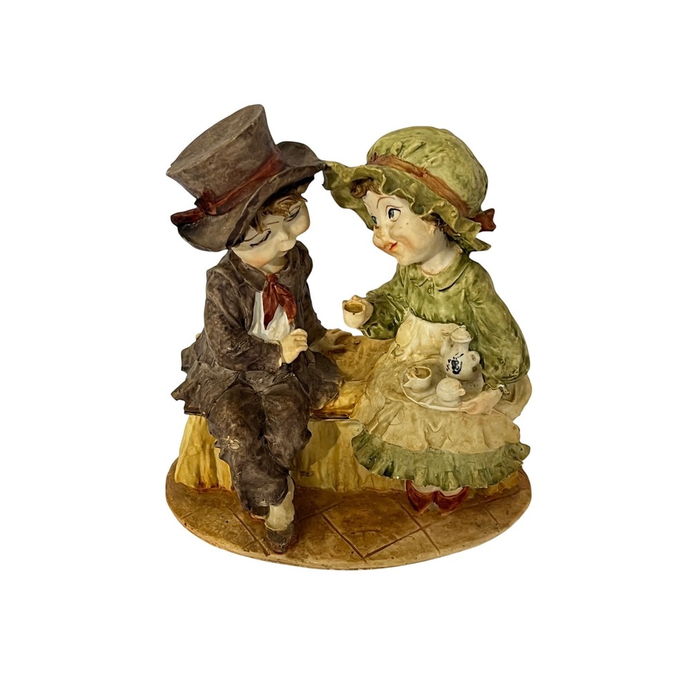 Vintage Resin Tea Party‎ Figurine Kids 8" Brown Green Victorian Style Decor